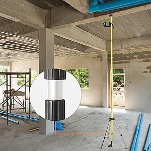 Versatile laser mounting pole LP36 helps to mount laser tools: Huepar LPGS / 12ft Lasermontagefeld: ●Tige de support polyvalente Huepar LP36 en aluminium avec revêtement en polyuréthane pour plus de durabilité. Facile à lire, les graduations sont marquées en noir sur le pôle jaune en pouces et en centimètres. ●Une tige télescopique idéale pour tout chantier utilisant des outils qui peuvent être facilement placés à n'importe quelle hauteur entre le sol et le plafond. ●La section de tige de queue avec une section de tige télescopique arbitraire peut télescoper encore 53 cm. ●Il mesure 3,7 m lorsqu'il est entièrement assemblé avec toutes les sections et les deux pièces d'extrémité.