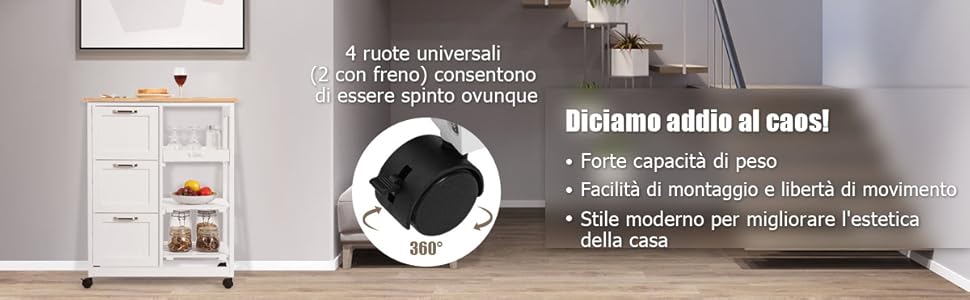 Carrello Cucina Multiuso Con Ruote | 4 Ripiani + 3 Cassetti | Mobile Bianco Per Casa E Ristorante - Foto 8