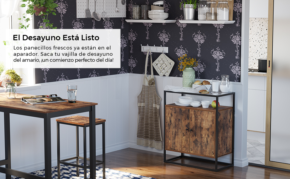 VASAGLE Aparador, Armario, Armario de Cocina con Superficie de Vidrio