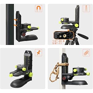 Méthodes d'installation multiples du support ●Grâce aux aimants puissants, le support peut être fixé au clip arrière à n’importe quelle hauteur ou sur d’autres surfaces métalliques. ●Un filetage femelle de 1/4"-20 et 5/8"-11 permet de le fixer à un trépied ou à un pôle laser. ●Les fentes pour vis, clous, chemins de roulement ou sangles optionnelles sont conçues pour rendre l'installation plus ferme. ●La conception de la rainure des deux côtés de l'arrière du support peut être fixée à une corde.