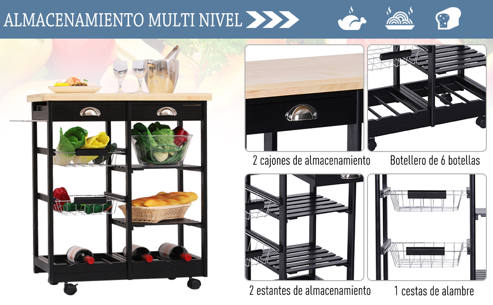 HOMCOM Carro de Cocina Carrito de Servir Multiusos Estantería Carrito  Auxiliar con Ruedas para Baño Dormitorio con Estantes Cestas Cajones  70x37x85cm Madera, A…