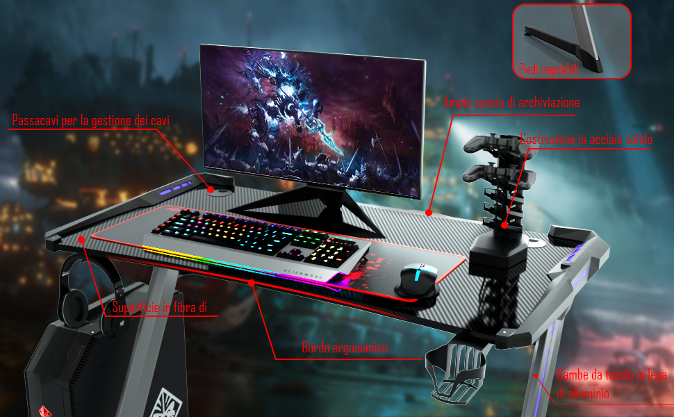 COSTWAY Gaming Desk Scrivania da Gioco Tavolo da Gioco con Luci, Scrivania  del Computer con Tappetino Mouse Porta Bicchiere/Auricolari/USB, Ottimo  Regalo per Maschi 120 x 64 x 75 cm