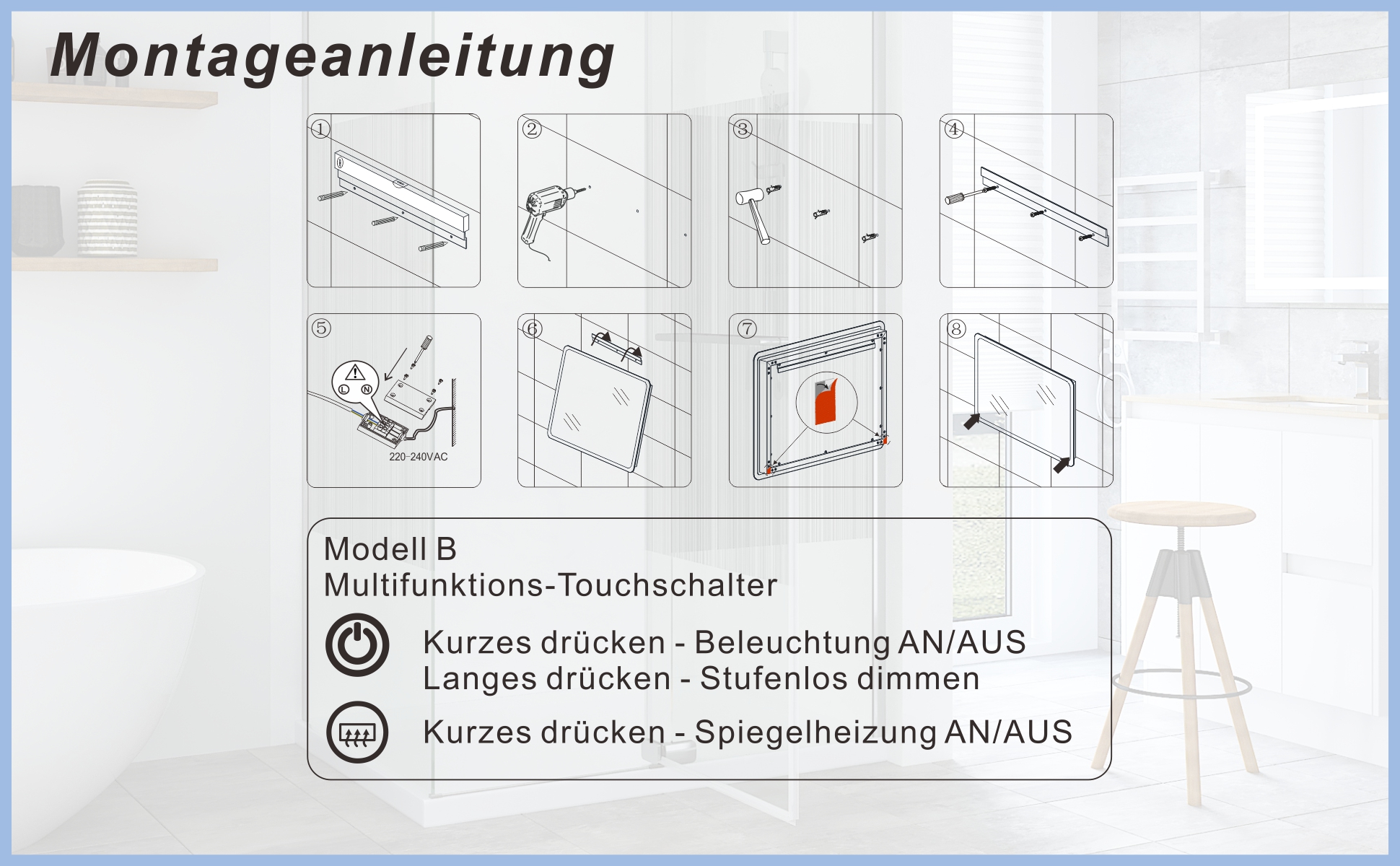Badspiegel Wandspiegel mit LED Licht 100x70cm BORAS Typ B