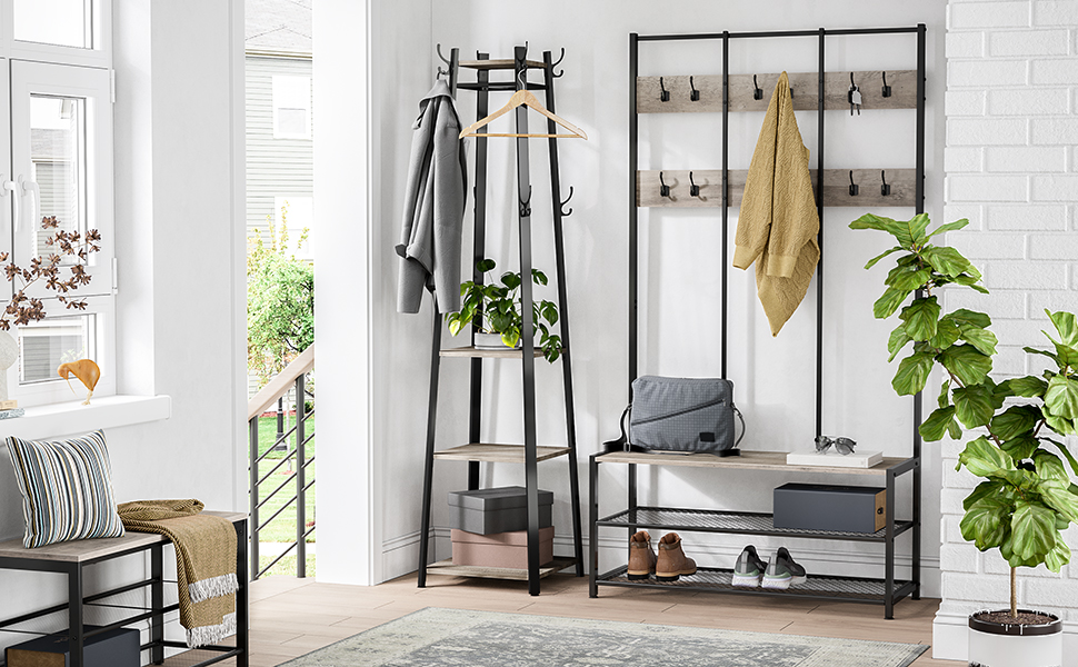 VASAGLE Perchero Grande para Abrigos, con 12 Ganchos y Banco de Zapatos