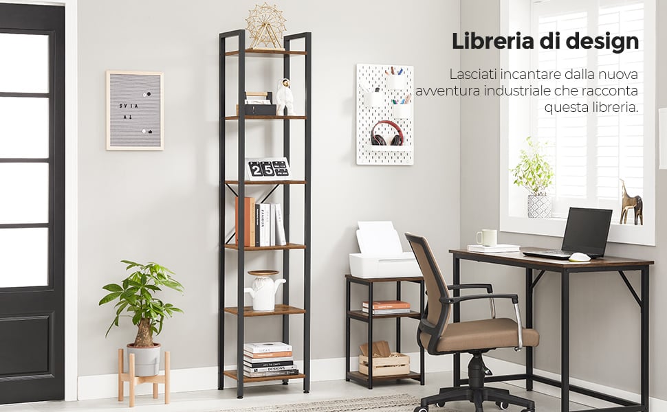 VASAGLE 6955880359196 Libreria a 5 Ripiani con Struttura in Metallo, Nero E  Marrone Scuro, 34P x 56l x 171,5H cm 