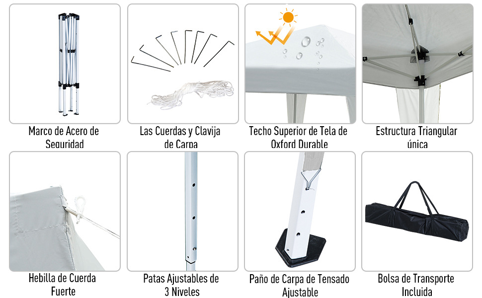 Outsunny Carpa Plegable 2,2x2,2x2m con Lateral Altura Ajustable Protección  UV 50+ de Acero y Tela Oxford con Bolsa de Transporte Blanco