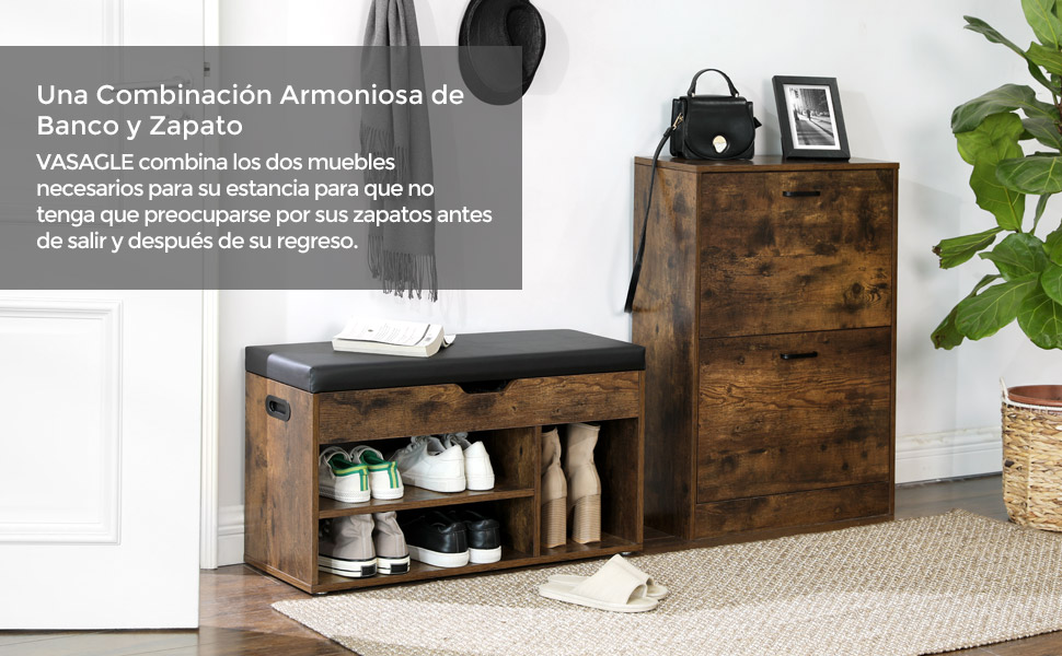 VASAGLE Banco para Zapatos, Banco con Asiento Acolchado, 3