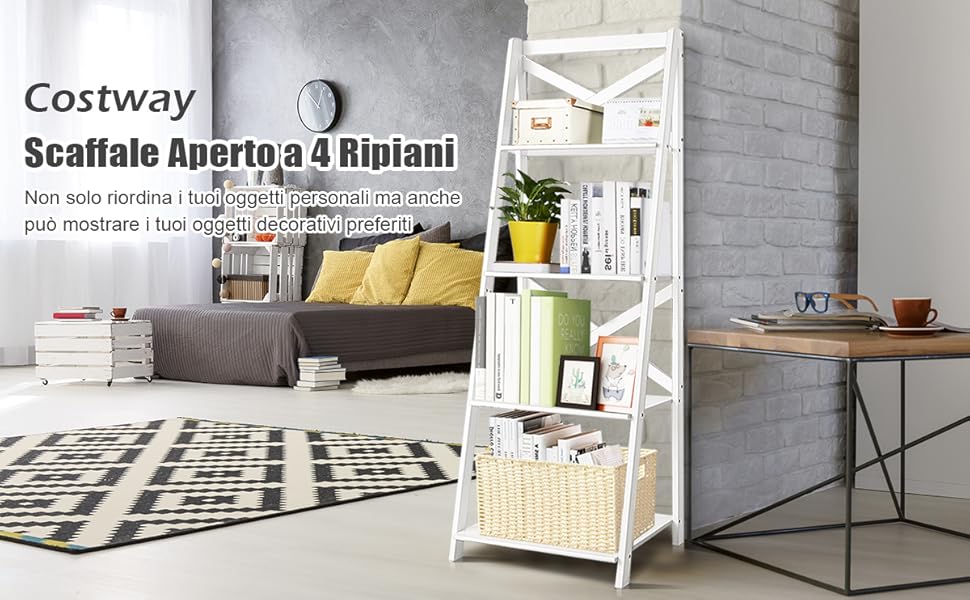 COSTWAY Libreria Aperta a 4 Ripiani, Scaffale Multiuso, Stile Moderno e  Industriale, 142,5 x 50,5 x 45,7cm (Bianco 1)