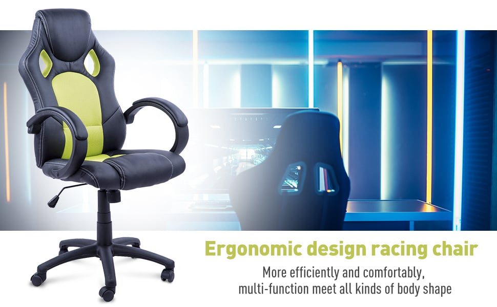 HOMCOM Racing Gaming Chair Swivel Home Office Gamer Desk Chair W/ Wheels, Green -Office Furniture Store
