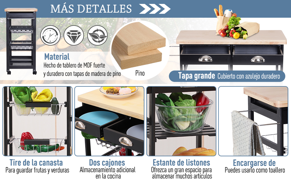 HOMCOM Carro de Cocina Carrito de Servir Multiusos Estantería Carrito  Auxiliar con Ruedas para Baño Dormitorio con Estantes Cestas Cajones  70x37x85cm Madera, A…