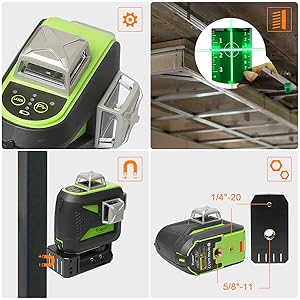 Facile à utiliser: ●Housse de protection en métal: La fenêtre laser supérieure en métal surmoulé avec une résistance à l'eau / à la poussière IP54 vous assure de bien travailler dans des environnements de travail dangereux. ●Plaque cible verte: Augmente la visibilité du faisceau laser. ●Base pivotante magnétique solide à 360°: Permet d'être adsorbé sur rail métallique et acier. La base offre une rotation libre à 360° pour répondre aux différents angles requis. ●Deux tailles de montage: Filetage de montage 1/4"-20 et 5/8"-11 pour une fixation temporaire en place ou une fixation sur un trépied ou un poteau de montage laser.