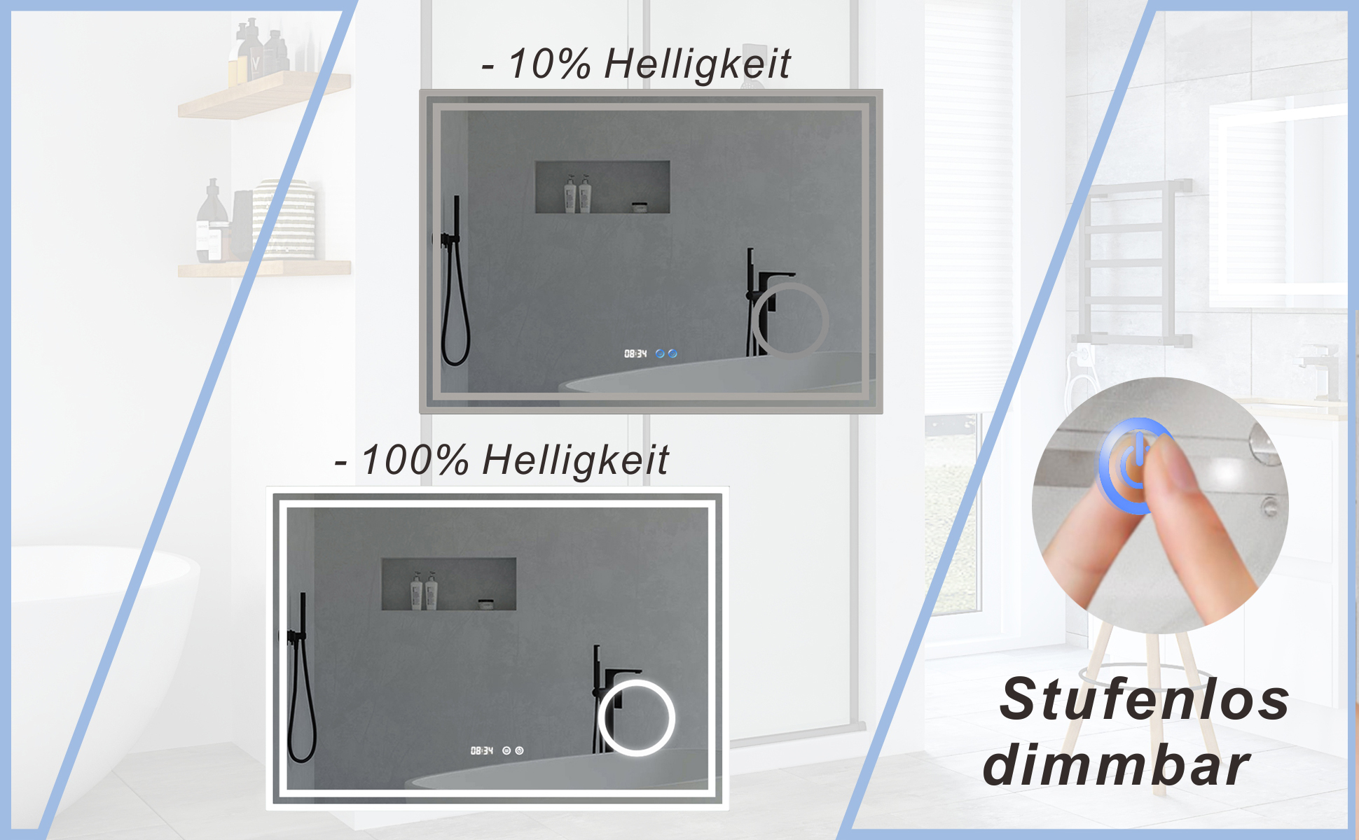 LED Spiegel mit Uhr und Kosmetikspiegel für Bad 100x70cm ESSENS Typ D