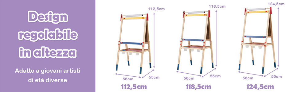 COSTWAY Cavalletto per Bambini 3 in 1, Lavagna Bifacciale, Cavalletto per  Disegnare, con Rotolo di Carta, Lavagna Bianca Magnetica, Accessori  Completi, in Legno (60x55x(112,5-124,5) cm)