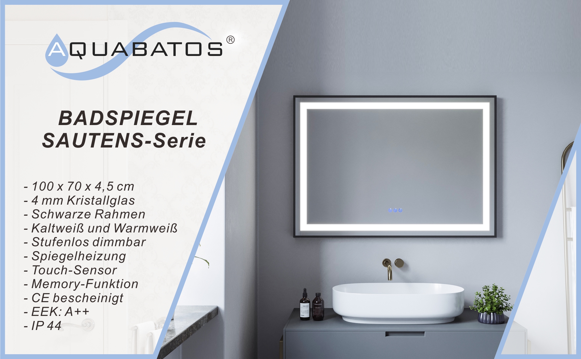 Badspiegel mit LED Beleuchtung Schwarz Rahmen 100x70cm SAUTENS Typ C