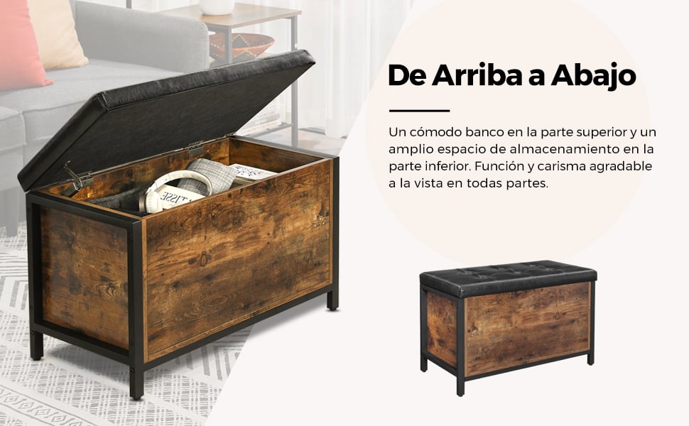 VASAGLE Banco con Cofre de Almacenamiento, Asiento Acolchado, Taburete