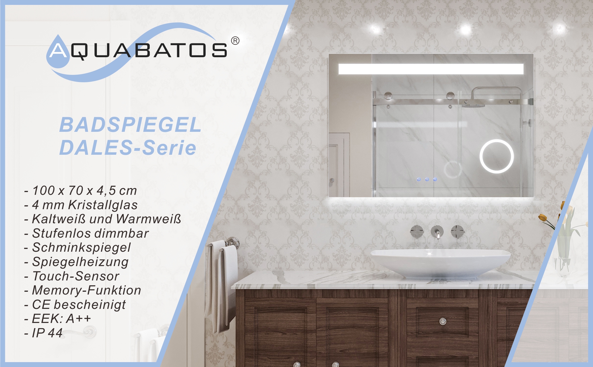 Badspiegel mit LED Beleuchtung Kosmetikspiegel 100x70 DALES Typ C