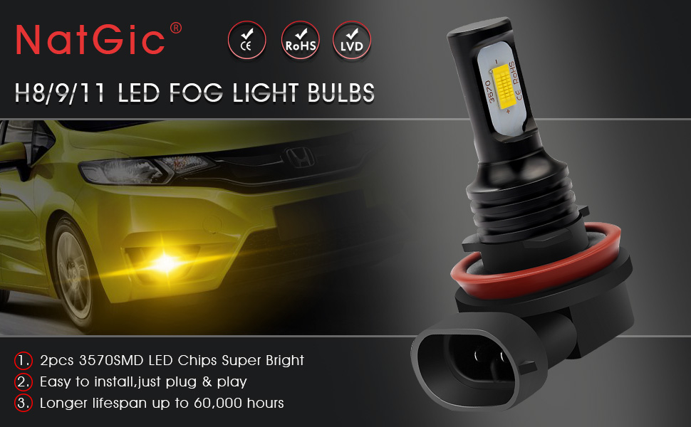 NATGIC H11 H8 H9 Hochleistungs-LED-Nebelscheinwerferlampen 78W 3570 CSP 2400LM 3000K Goldgelb