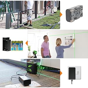 Trois modes d'alimentation: ●Cet outil laser utilise la batterie au lithium de grande capacité incluse, compatible avec la batterie Samsung SB-L110. ●Cet outil laser est livré avec un support pour installer des piles AA afin de pouvoir utiliser l’outil. ●Charge à entrée directe: Cet outil laser peut être utilisé sur le chantier avec une charge à entrée directe même si la batterie est retirée. ●La protection de charge empêche l’outil de surcharger.