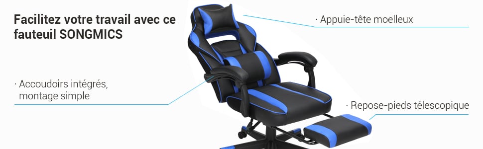 Fauteuil gamer ergonomique chaise gaming fauteuil de bureau avec  repose-pieds télescopique appui-tête réglable support lombaire capacité de  charge 150 kg lbeu et noir helloshop26 12_0000603 - Conforama