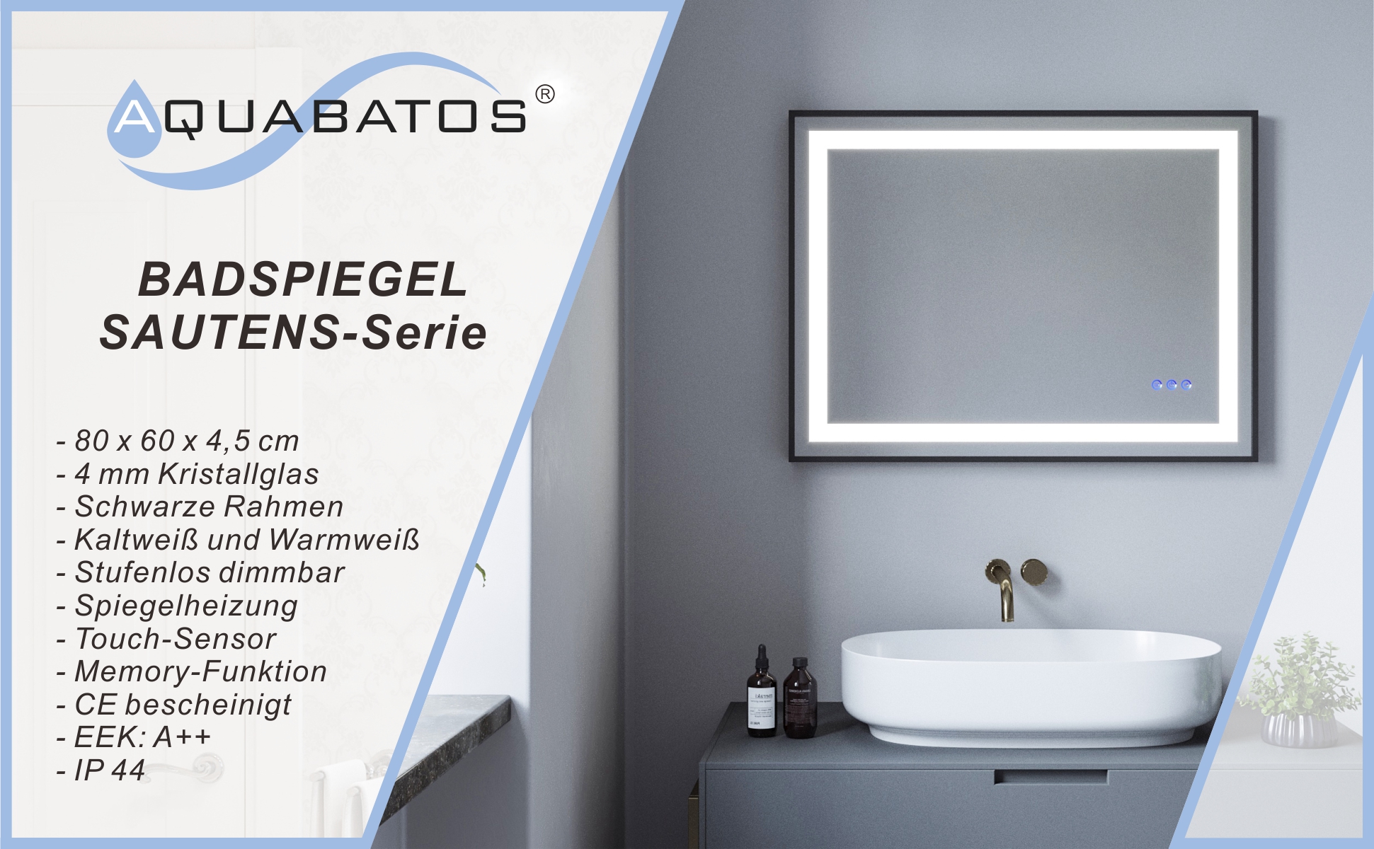 Badspiegel mit LED Licht Schwarzer Rahmen 60x80cm SAUTENS Typ C