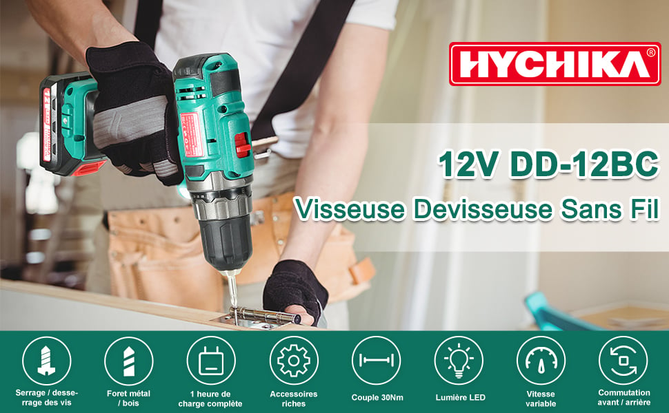 Visseuse Devisseuse Sans Fil, HYCHIKA 12V Perceuse Visseuse Sans Fil 30N.m  couple Max, 6x Forêt Hélicoïdaux, 6x Embouts de Vis, 5x Clés à douille, 4x  Forets Plats et Sac à Outils