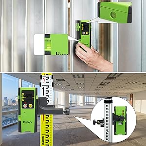 Bubble et support intégrés ●Le niveau à bulle intégré fournit une mesure supplémentaire de la précision du nivellement. ●Comparé à un autre récepteur, le détecteur laser Huepar LR-6RG possède un flacon de bulles dans les directions horizontale et verticale pour vous aider à vous positionner plus facilement et avec précision. ●Le détecteur laser LR-6RG est livré avec un support de fixation pour tige compatible.