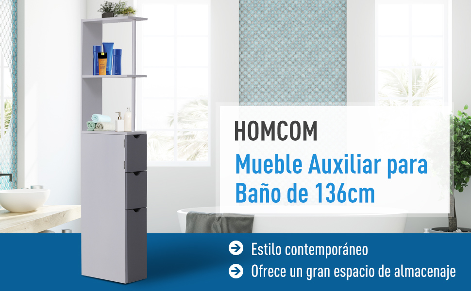 HOMCOM Armario Alto de Baño Multiusos Estrecho con 2 Estantes 1 Puerta y 2  Cajones de Almacenamiento 15x33x136,5 cm Color Blanco