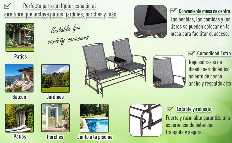 Outsunny Mecedora de 2 Plazas Silla Basculante de Metal y Texteline