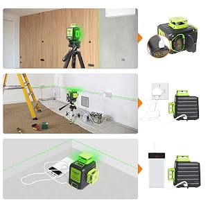 Port de charge de type C: ●Cet outil laser utilise la grande capacité incluse de la batterie au lithium 3,7 V / 5200 mAh et offre jusqu'à 8 heures de fonctionnement.
[SENTENCE 31] ●La batterie au lithium avec le port de charge de type C peut être chargée séparément.
[SENTENCE 32] ●Charge d'entrée directe: lorsque vous retirez la batterie, l'outil laser peut être utilisé sur le chantier en étant branché.
[SENTENCE 33] ●Quatre indicateurs de batterie sur le clavier permettent aux utilisateurs de connaître le volume actuel de la batterie.
[SENTENCE 34] ●La protection de charge permet d'éviter une surcharge.
