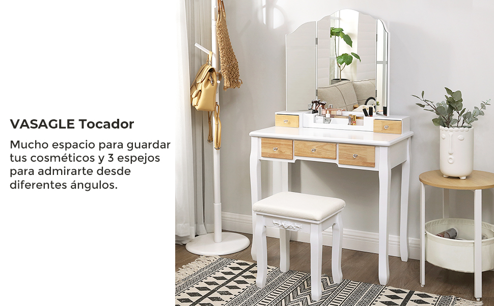 VASAGLE Tocador con Espejo Plegable, Mesa de Maquillaje, con 5 Cajones