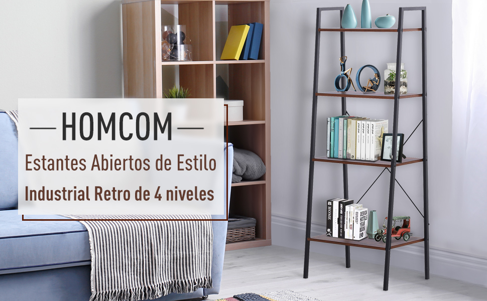 HOMCOM Estantería de Escalera Industrial Librería con 4 Estantes Estantería  Escalonada de Pie para Baño Salón Terraza Acero y Madera 60x35x145cm