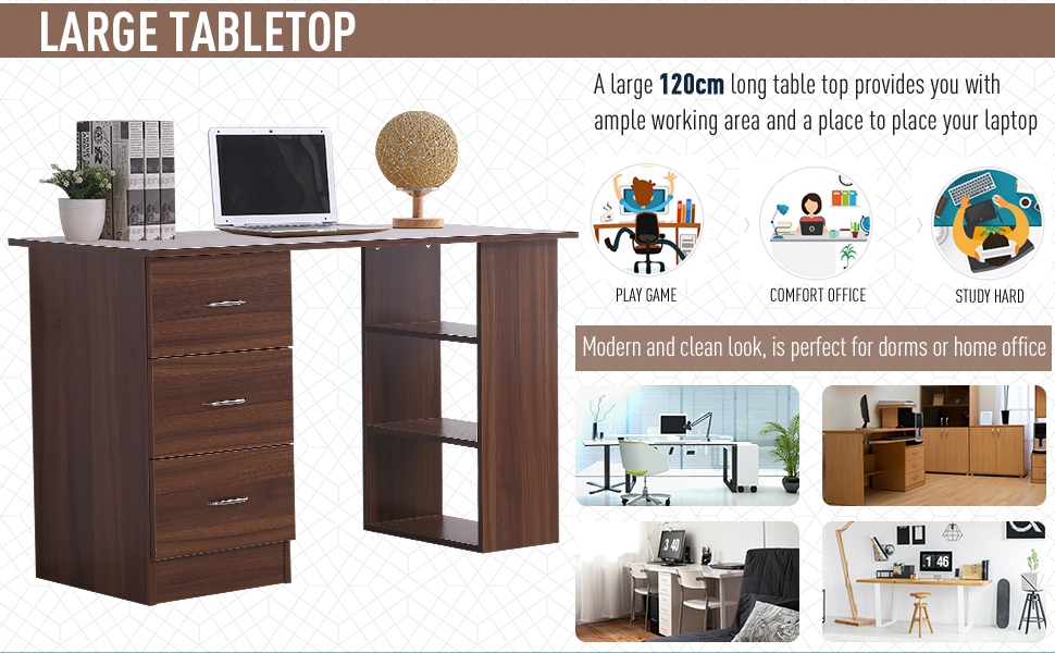HOMCOM 120cm Computer Desk PC Table Workstation W/ 3 Shelf & Drawers White -Office Furniture Store