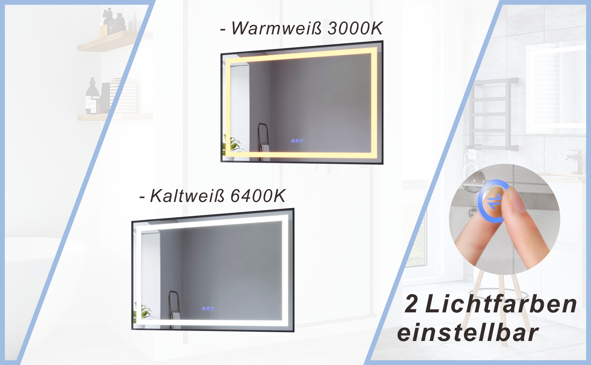 Badspiegel mit LED Beleuchtung Schwarz Rahmen 100x70cm SAUTENS Typ C