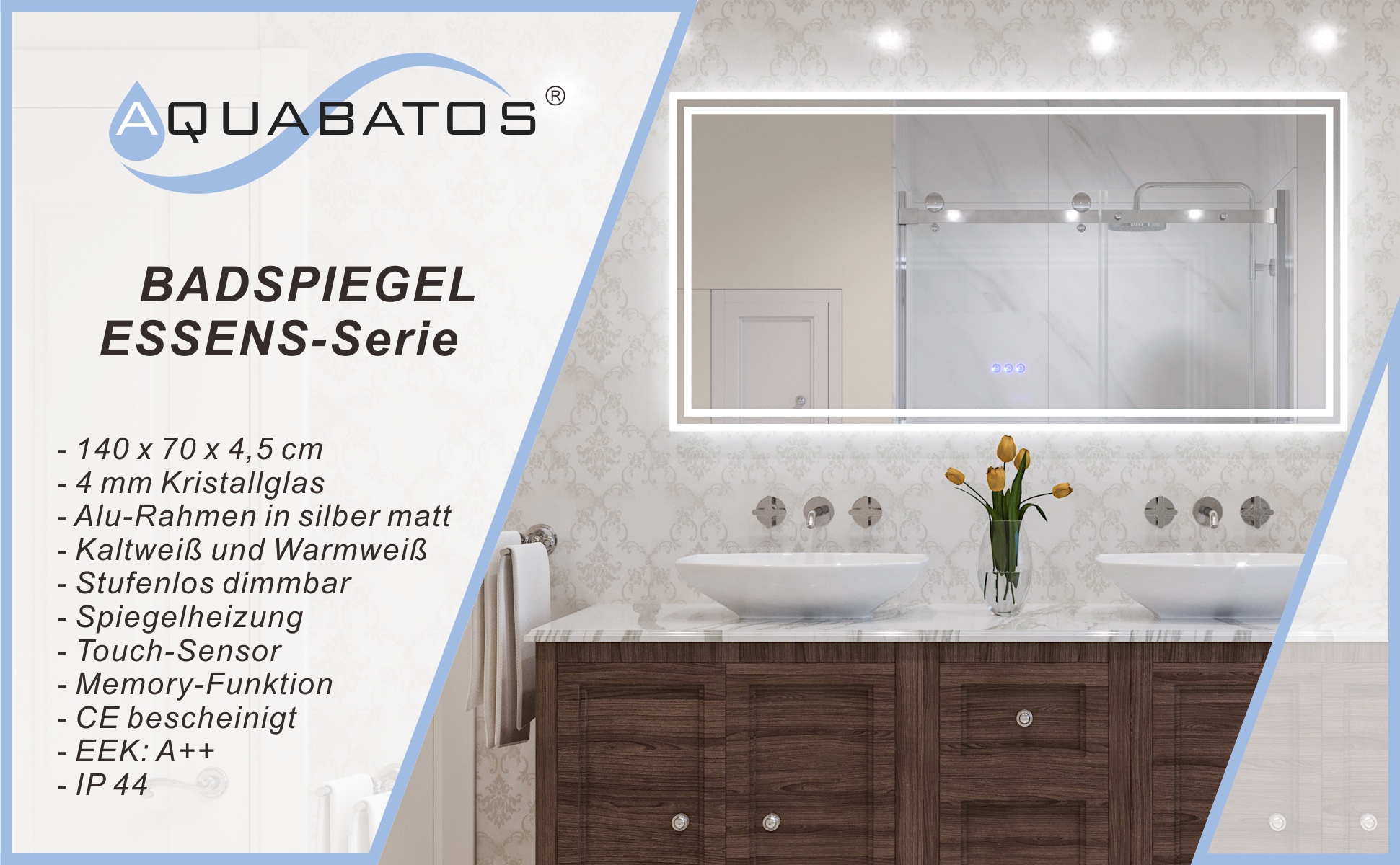 LED Bad Spiegel mit Licht Beleuchtung gross 140x70cm ESSENS Typ C