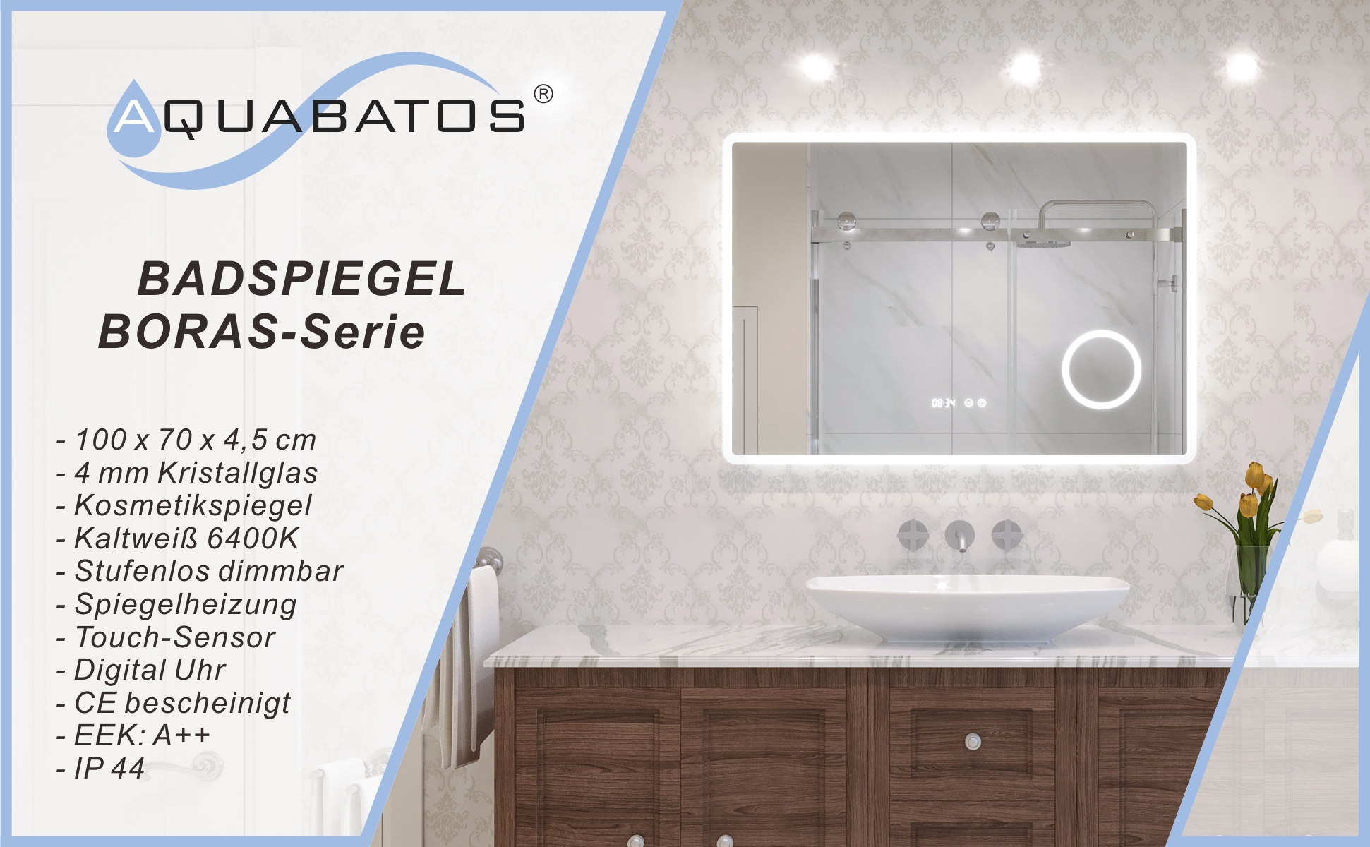 Badezimmerspiegel mit LED Beleuchtung und Uhr 100x70cm BORAS Typ D