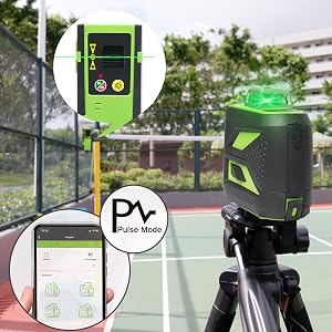 Mode impulsion: ●Appuyez brièvement sur le bouton "PULSE" pour activer / désactiver le mode impulsion. ●Lors de la connexion avec Huepar APP, le mode impulsion peut être activé / désactivé via APP. ●Le mode impulsion étend la plage de travail jusqu'à 60m dans des conditions de travail plus lumineuses lors de l'utilisation avec le détecteur laser Huepar Line (ASIN: B07GVC2XD9). ●Il est uniquement compatible avec le détecteur laser Huepar LR-6RG / LR-5RG.