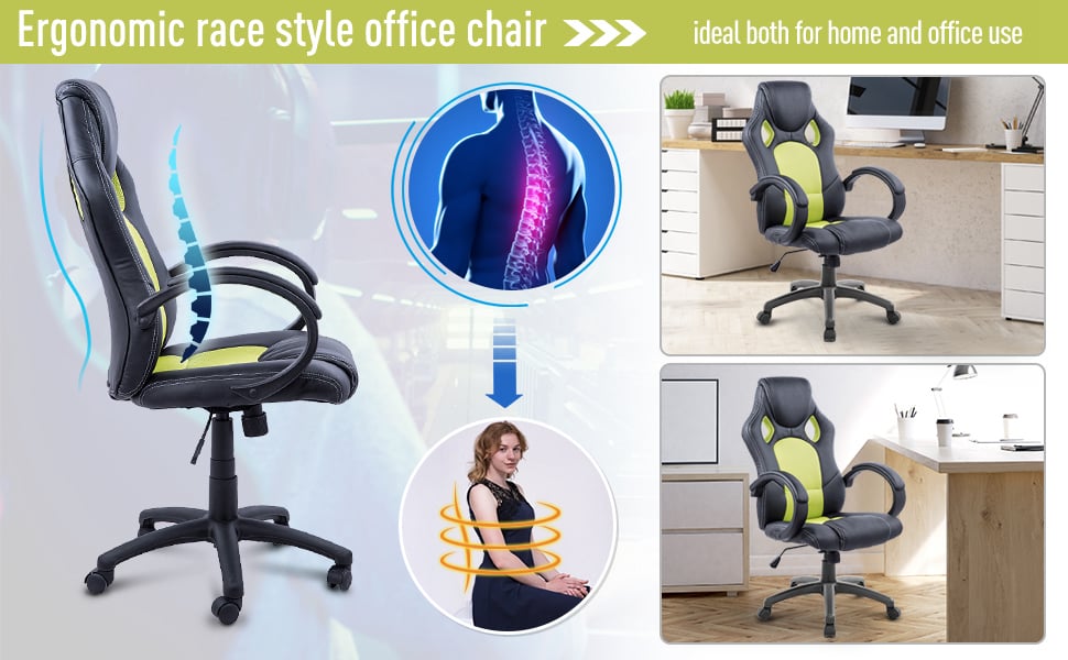 HOMCOM Racing Gaming Chair Swivel Home Office Gamer Desk Chair W/ Wheels, Green -Office Furniture Store