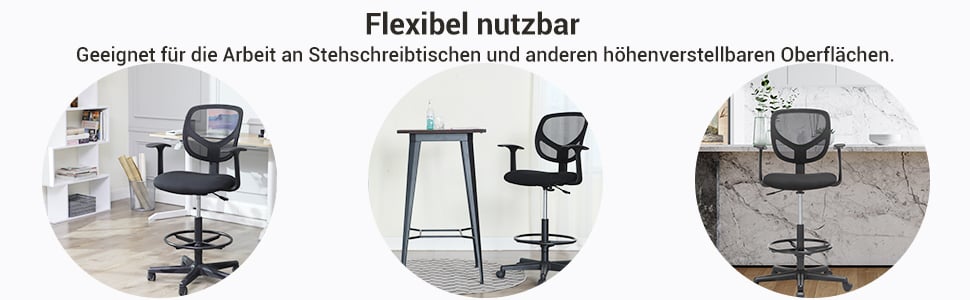 Bürostuhl, Ergonomischer Arbeitshocker mit Armlehnen, Sitzhöhe 55-75 cm