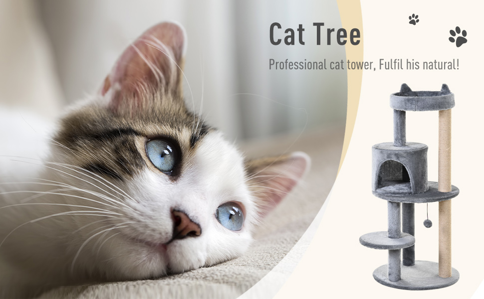 Pawhut 104cm Cat Tree for Indoor Cats Kitten Scratching Post Climbing Tower  Grey