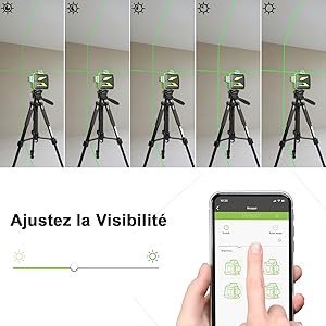 Réglage de la visibilité: ●La visibilité / luminosité du faisceau laser peut être ajustée en se connectant à l'application Huepar. ●Faites glisser la barre de luminosité sur la luminosité dont vous avez besoin. ●La fonction de réglage de la luminosité n'est pas applicable après l'activation du mode impulsion.
