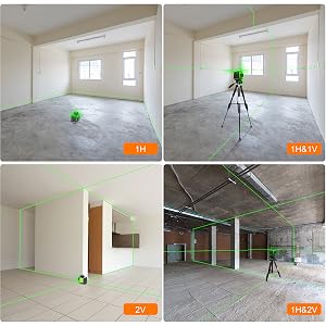 Disposition complète avec 3 plans laser à 360°: ●Ce niveau laser projette trois lignes laser à faisceau vert dans des plans laser à 360° - un plan horizontal à 360° et deux plans verticaux à 360°, permettant de couvrir le sol, le mur, le plafond tout autour de la pièce.
[SENTENCE 20] ●3 lignes laser à 360° se croisent à 90° au plafond, au sol et sur les murs.
[SENTENCE 21] Vous pouvez utiliser l'intersection des lignes laser pour projeter des points de référence et diviser les surfaces à angle droit.
[SENTENCE 22] ●Cliquez sur le bouton de fonctionnement pour changer de combinaison de lignes laser, créez 3 lignes laser projetées en même temps ou projetées séparément pour répondre à vos besoins au travail.