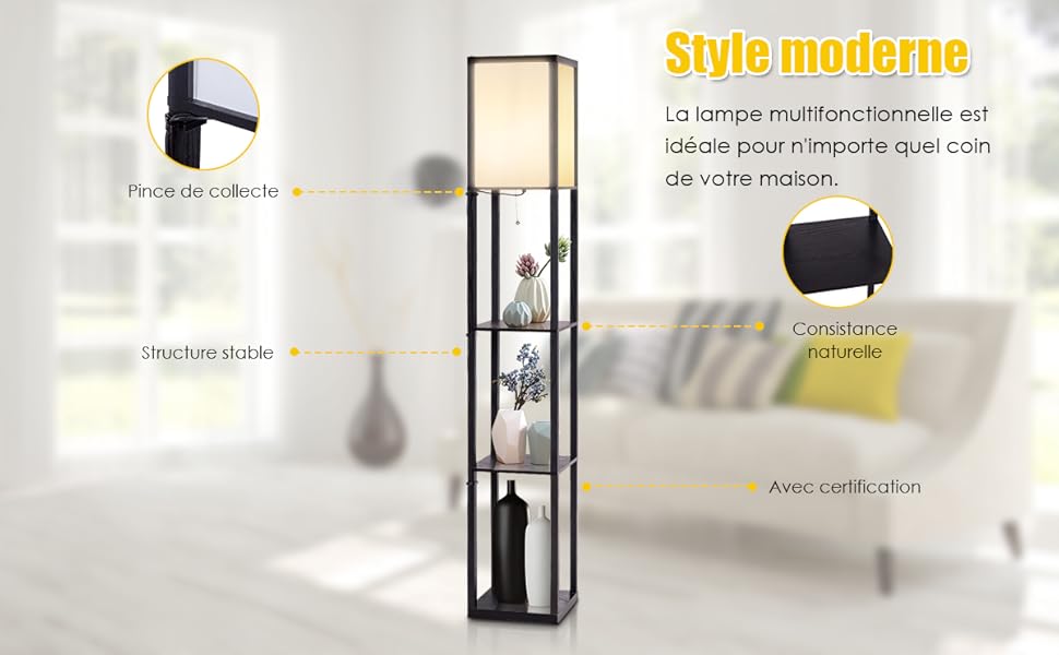 COSTWAY Lampadaire Sur Pied Salon/Lampe Salon-160 Cm Avec 3 Etagère/Lampe Etagère 4 Niveau MDF-Design Scandinave (Ampoule Non Inclus) 220-240V,60W -Éclairage Domestique