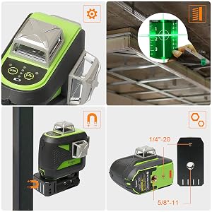 Facile à utiliser: ●Metal Protective Cover: La fenêtre laser supérieure en métal surmoulé avec résistance IP54 à l'eau et à la poussière vous permet de bien travailler dans des environnements de travail dangereux. ●Green Target Plate: Augmente la visibilité du faisceau laser. ●Support pivotant magnétique à 360°: Permet d'être adsorbé sur des rails en métal et en acier. La base offre une rotation libre à 360° pour répondre aux différents angles requis. ●Deux femelle fileté: Filetages de fixation 1/4"-20 et 5/8"-11 pour la fixation temporaire ou la fixation sur un trépied ou un mât de montage au laser.