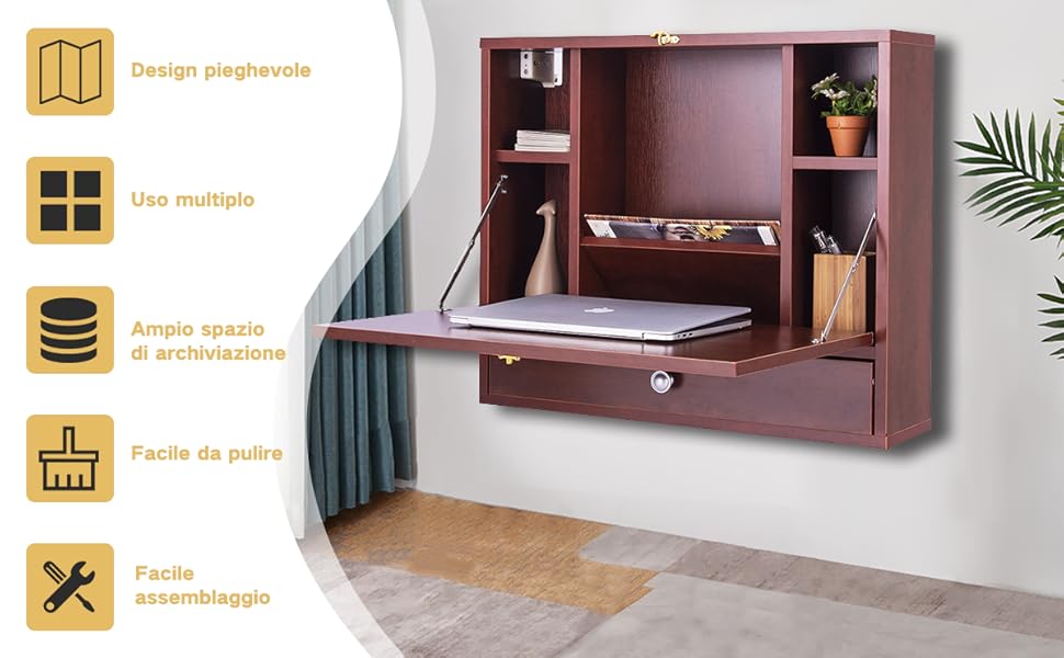 Scrivania Pieghevole Con Ruote Haiorjun - 80 Cm, Salvaspazio, Con Portaoggetti, Design Industriale, Color Acero - Foto 11