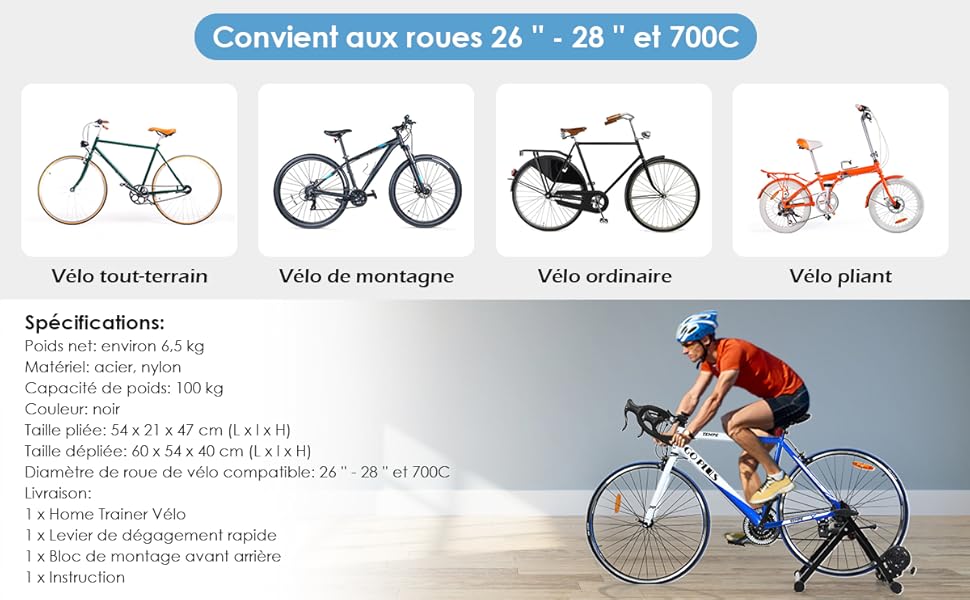 relaxdays vélo entraîneur - vélo à roulettes - 26-28 pouces