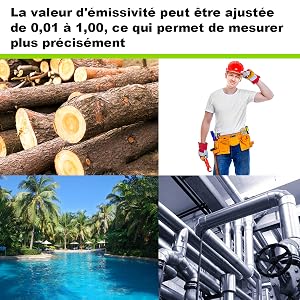6.  ●La caméra d'imagerie thermique a une fréquence d'émissivité réglable de 0,1 à 0,99 qui peut être ajustée pour différents objets à mesurer. ●L'émissivité ayant un grand impact sur la température de surface, la sélection du chiffre d'émissivité correct est très importante pour la précision de la température.