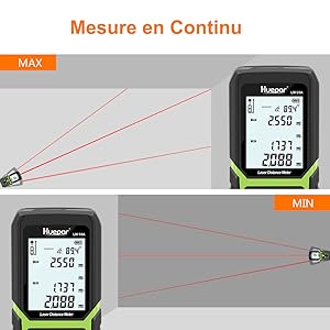 Fonctions multiples ●Mesure des valeurs maximales et minimales ●Calcul automatique de la surface et du volume ●Mémoire de données de 30 groupes; Effacement manuel des données indésirables ●Modifiez l’unité parmi M / In / Ft librement en fonction de vos besoins. L'unité par défaut est le mètre. ●Les utilisateurs peuvent utiliser la fonction addition / soustraction pour mesurer la longueur, la surface et le volume.