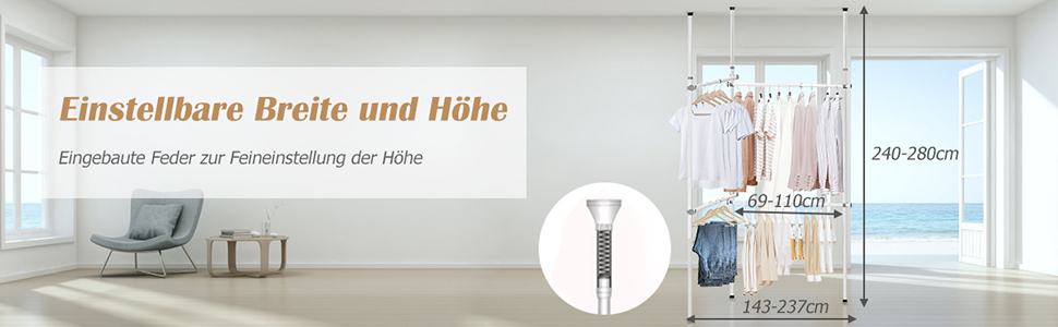 COSTWAY Teleskop Garderobensystem mit 4 Kleiderstangen, Kleiderstaender