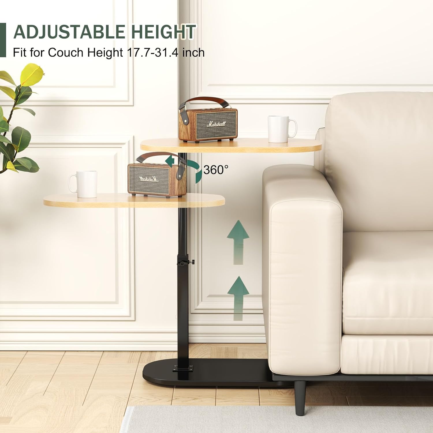 Tavolino regolabile a forma di C con piano girevole a 360°, tavolino compatto per piccoli spazi, ideale per comodini e divani, elegante finitura in noce
