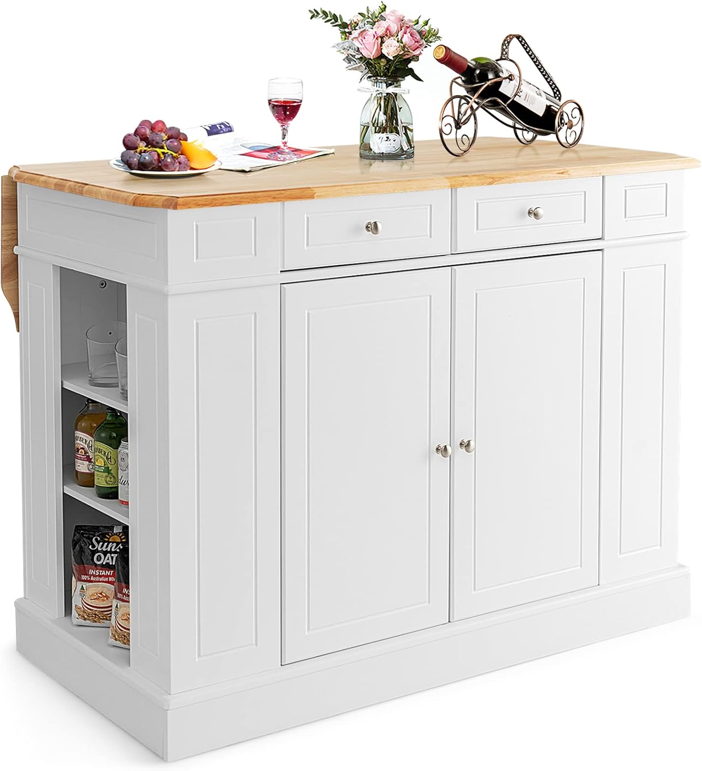 COSTWAY Ilot Central Cuisine Comptoir En Bois De Caoutchouc Et Étagères Réglables à 3 Niveaux, Desserte De Cuisine De Service Avec Tiroirs, Supports Latéraux Et 2 Portes 120x61x92cm -VIDAXL || Bosch || Whirlpool Soldes